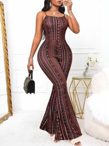 Ladies Sexy Y2K Vintage Elegant Stretch Vacation Travel Elegant Printed Retro Wind Flared Jumpsuit