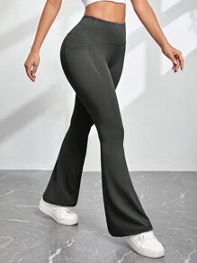 SHEIN Sports 宽松高腰瑜伽裤，性感提臀设计，喇叭腿，隐形口袋，休闲健身运动裤 - 深灰色 - 查看 6