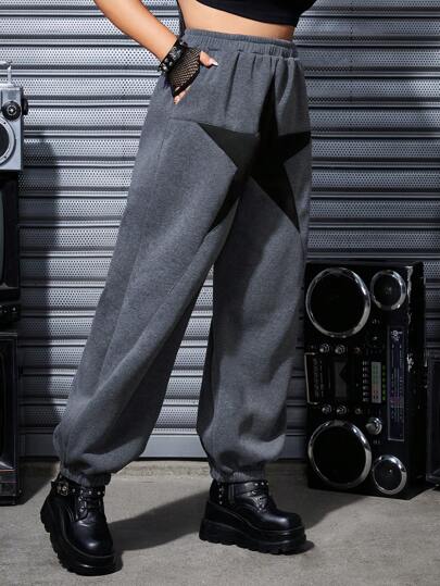 Grunge Punk بنطلون بيجاما فضفاض مستقيم الساق كاجوال بحزام خصر مطاطي مُحاك للنساء المقاسات الكبيرة مع رقعات نجمية وتطريز، للمدرسة