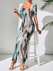Chiquease Women's Tie-Dye Printed Square Neck Straight Shoulder Elegant Dress Maxi Women Outfit - Multicolor - View 5