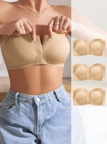 3pcs Women's Front Open Seamless Bra, With Removable Paddings - Khaki - View 2