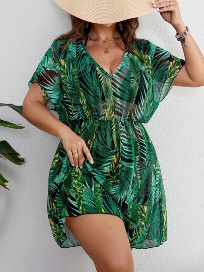 Swim Lushoire Plus size tropiskt tryckt strandklänning med spännad midja, sommar