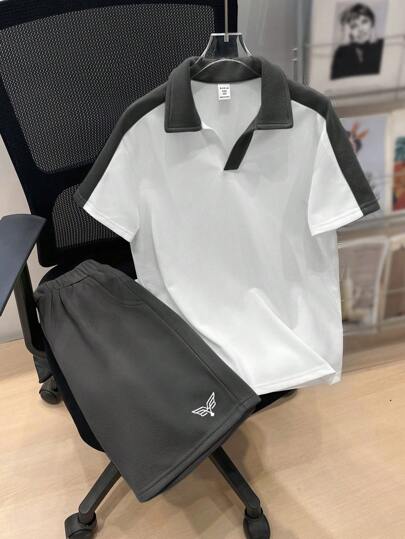 SHEIN 年少男孩寬鬆休閒色塊Polo衫和短褲套裝