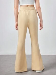 SHEIN Tween Girl Dệt Kim Màu Trơn Dây Rút Eo Khe Viền Quần Âu - Xanh đậm - Xem 2