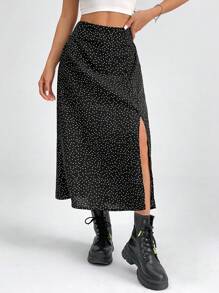 SHEIN PETITE Mid-Length A Slit Polka Dot Casual Vacation Skirt