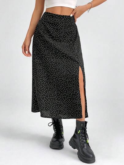 SHEIN PETITE Mid-Length A Slit Polka Dot Casual Vacation Skirt