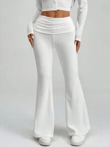 SHEIN PETITE 白色 Y2k 纯色褶皱喇叭裤 喇叭紧身裤 - 白色 - 查看 4