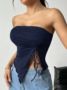 SHEIN EZwear 女式夏季休闲纯色露肩上衣，不对称下摆和抽绳 - 藏蓝色 - 查看 3