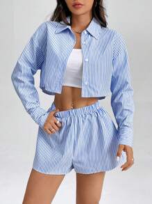 SHEIN PETITE 女士长袖条纹衬衫和短裤两件套 - 藍白色 - 查看 7