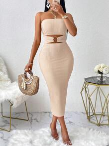 AIJ Amarilo Chic 女士长款紧身连衣裙，无肩带无袖设计，独特镂空和圆环造型，中等弹力面料