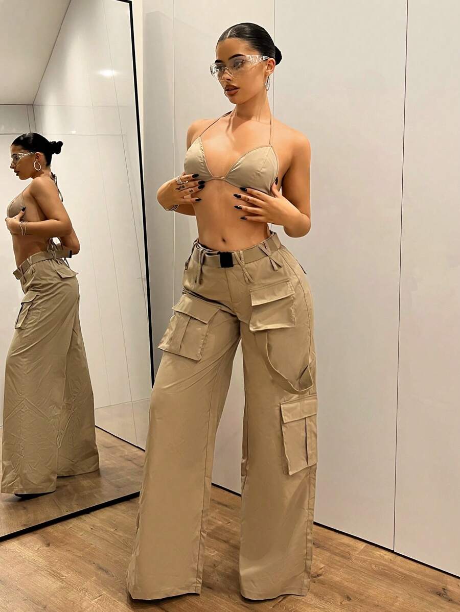 SHEIN ICON Quần kaki lưng thấp Y2k Back To School, quần ống rộng, trang trí tai hai lớp, kiểu quần Cargo, dài thêm - Màu Khaki - Xem 1