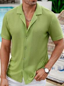 Manfinity Homme Camisa de manga corta transpirable con botones y textura sólida para hombre en verano - Verde - Ver 5