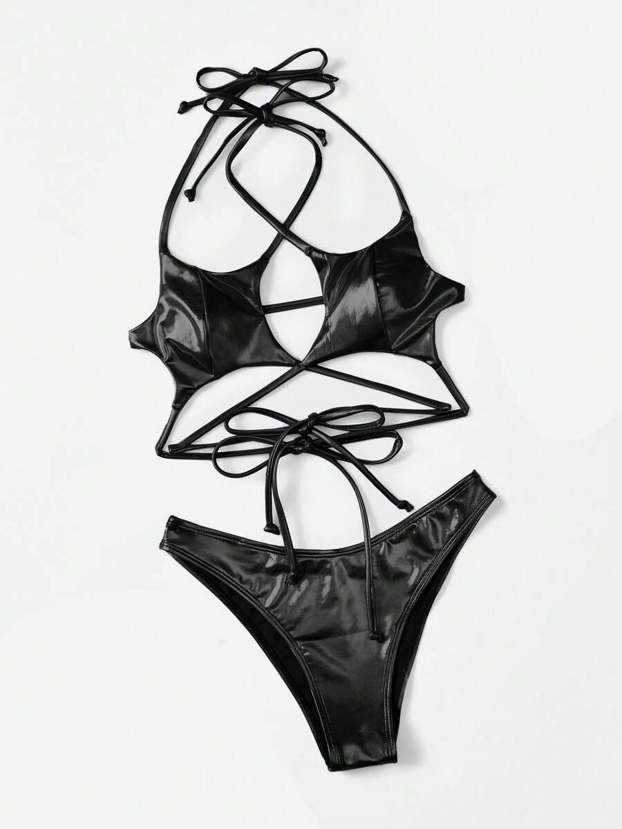SHEIN Swim Bãi biển mùa hè dành cho nữ Màu trơn họa tiết năm cánh Dây buộc cổ Bộ Bikini gợi cảm - màu đen - Xem 1
