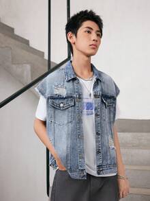 青少年男孩丹寧夾克，休閒時尚破洞洗水牛仔背心 - 中等水洗藍 - 查看 4