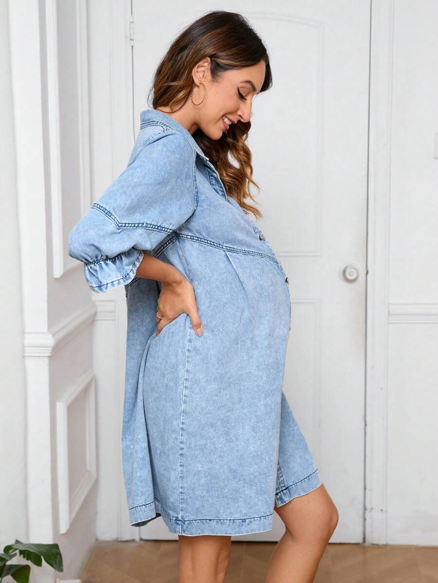 SHEIN Vestido de mezclilla premamá holgado, diario, con botones, a la moda y combinable con todo - Lavado ligero - Ver 1