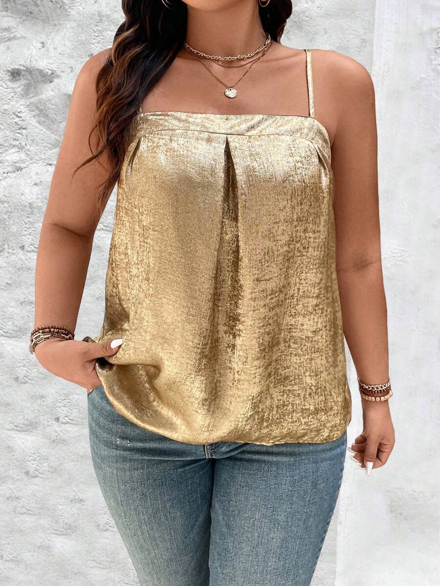 SHEIN Unity Plus Size Women Woven Elegant Shiny Loose Metallic Spaghetti Strap Pleated Camisole For New Year Holiday Party Clothes - Gold - View 1