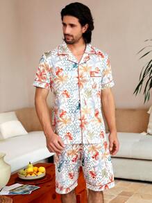 Manfinity ChillVibe Men's Floral Print Front Button Short Sleeve Shirt And Shorts Set, Casual Homewear For Summer