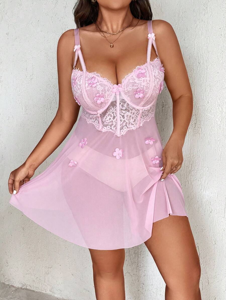 Allurite 款蕾絲鑲嵌網紗背心裙（無內褲） - 粉色 - 查看 1