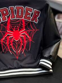 SHEIN Young Boy Fun Spider & Letter Printed Sleeve Patchwork Black PU Fabric Hooded Jacket With Red Contrast Color, Suitable For Autumn & Winter. Can Be Layered With Sweatshirts Or T-Shirts For Outings, Stylish, Comfortable And Cool., For Halloween Party,Holiday,Summer,Travel - Black - View 5