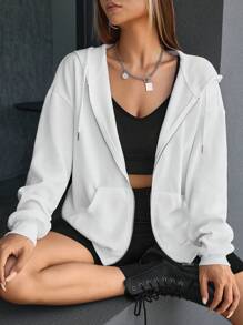 RueChic Sudadera con capucha con cierre y cordón frontal, de hombros caídos