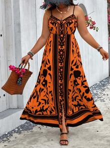 SHEIN Clasi Plus Floral Print Split Thigh Cami Dress For Summer - Orange - View 1