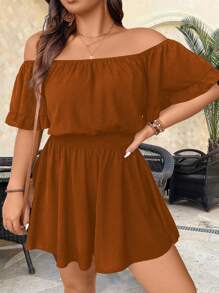 SHEIN Clasi Bộ áo liền quần màu trơn xếp nếp xếp nếp Plus Size dành cho nữ có tay áo xếp nếp, trang phục thường ngày đơn giản và phong cách - trái cam - Xem 1