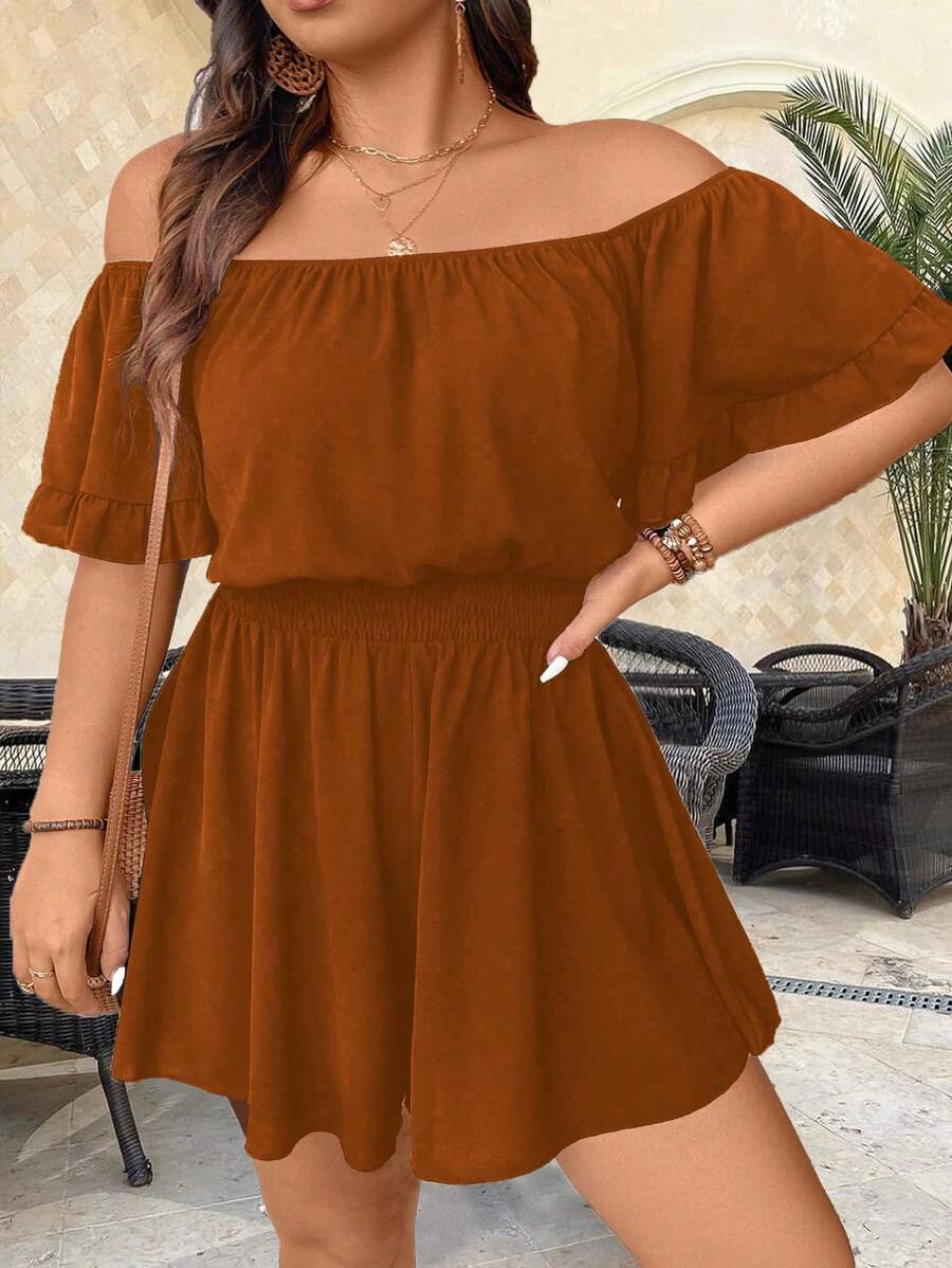 SHEIN Clasi Bộ áo liền quần màu trơn xếp nếp xếp nếp Plus Size dành cho nữ có tay áo xếp nếp, trang phục thường ngày đơn giản và phong cách - trái cam - Xem 1