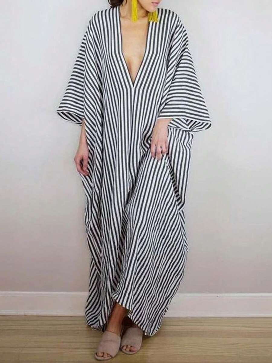 Chiquease Casual Striped Batwing Sleeve Dress For Spring And Summer - Black and White - View 1