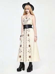 ROMWE Gothic Đậm Vintage Mùa Hè Thêu Ngôi Sao & Mặt Trăng Đầm Chữ A Cami Nữ - Màu be - Xem 1
