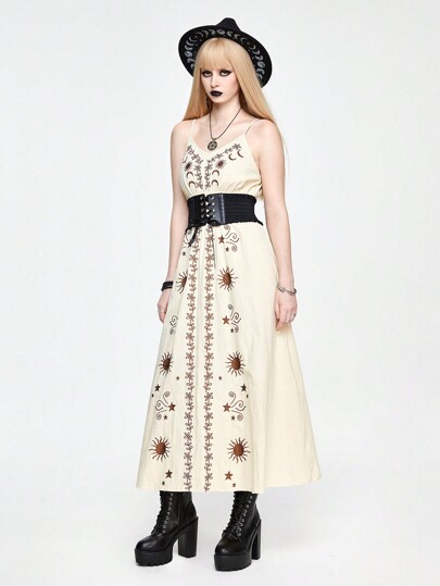 Goth Vestido de tirantes acampanado para mujer con bordado de estrellas y luna vintage oscuro gótico para verano