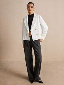 Poéselle 女款白色双排扣优雅长袖西装外套，短款西装外套，秋季长袖西装外套，女士西装外套，白色西装外套，职业女性，秋季女装 - 米色 - 查看 6