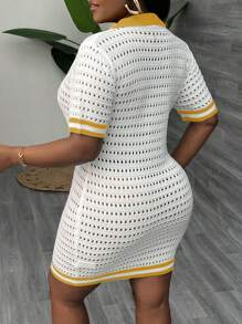 Slaydiva Große Größen Urlaub, Alltags- und eleganter sexy figurbetonter Kurzarm Hemd-Stil Cardigan, Farbblockdesign, gestrickt mit Hohlraumdesign Damen Mini Pulloverkleid, Frühling & Sommer - Gelb - Übersicht 2