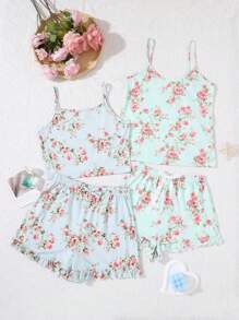 SHEIN Teen Girl Summer Fresh Floral Patterned Tank Top With Waist 3D Bowknot Shorts Pajama Set, Fire Resistant. Mommy And Me Matching Outfits (2 Sets Sold Separately)
