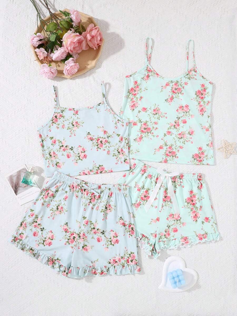 SHEIN Teen Girl Summer Fresh Floral Patterned Tank Top With Waist 3D Bowknot Shorts Pajama Set, Fire Resistant. Mommy And Me Matching Outfits (2 Sets Sold Separately)