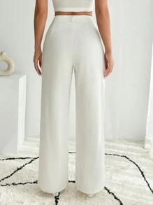 EURMUSE Women White Pleated Wide Leg Pants - White - View 2
