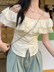 新款露肩女士衬衫，春夏露肩 - 杏色 - 查看 5
