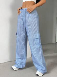 SHEIN Unity Casual Blue And White Striped Drawstring Waist Straight Cargo Trousers - Blue and White - View 1