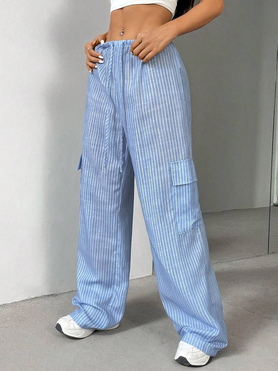 SHEIN Unity Casual Blue And White Striped Drawstring Waist Straight Cargo Trousers - Blue and White - View 1