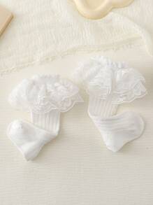 1pair Baby Girls' White Lace High Tube Socks