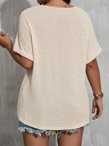 SHEIN LUNE Camiseta casual de talla grande para mujer con mangas murciélago cortas, cuello en V y botones decorativos para el verano