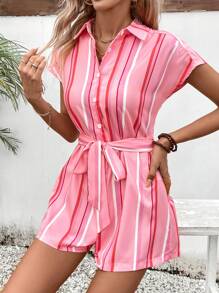 SHEIN LUNE Mono de manga corta casual para mujer con estampado de bloques de color y rayas impresas