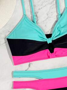 SHEIN Swim Women's Summer Beach Color Block Push Up Twist Knot Bikini Set, 2pcs 2 Pieces Bathing Suit