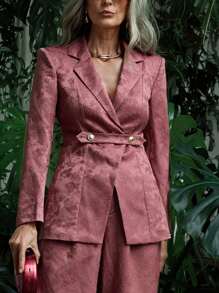 SHEIN LUNE 花卉提花双排扣日常西装外套 - 紅色 - 查看 9