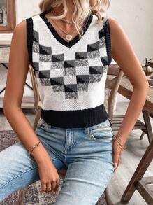 SHEIN LUNE Women's Plaid Pattern Color Block V-Neck Knitted Sweater Vest