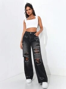 SHEIN EZwear 女士寬鬆修身直筒牛仔褲，破洞設計並帶有口袋 - 黑色 - 查看 1