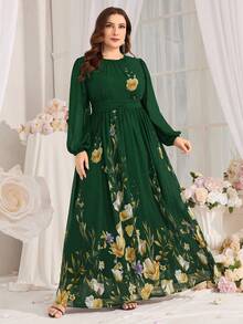 Plus Size Floral Print Lantern Sleeve Dress, Spring/Summer - Dark Green - View 7