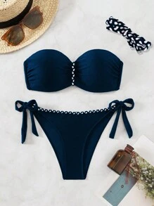 SHEIN Swim 女款夏季海灘純色褶紋斜肩比基尼裝套裝 - 藏蓝色 - 查看 4