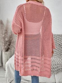 SHEIN LUNE Long Hollow-Out Light Pink Knitted Cardigan, Suitable For Early Autumn - Dusty Pink - View 3