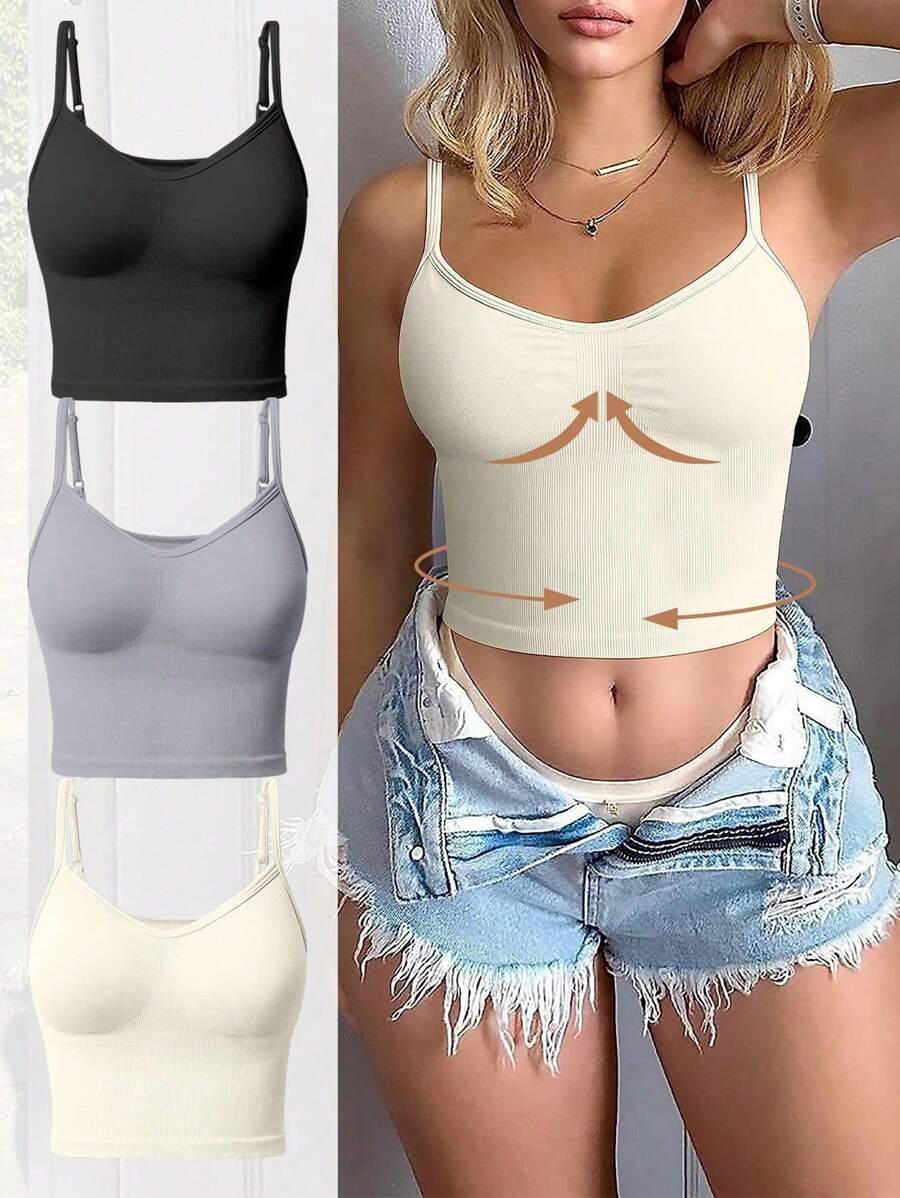SHEIN Sovereign Charm 3 件套罗纹针织吊带运动上衣紧身胸衣上衣健身背心修身衬衫 - 彩色 - 查看 1