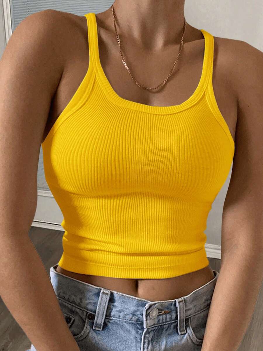 Slaydiva 2024 Minimalist All-Match Threaded Women's Elastic Sports Fitness Crop Top Camisole, Style C - Yellow - View 1